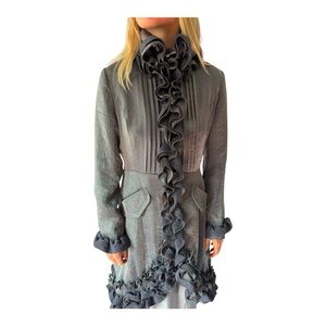 Elegant Samuel Dong Ruffled Gray Trench Coat / Dress Coat / Matching Belt